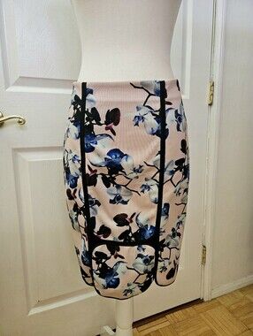 YIGAL AZROUEL Pink Blue Pencil Scuba Orchid Floral Print Bodycon Designer Skirt